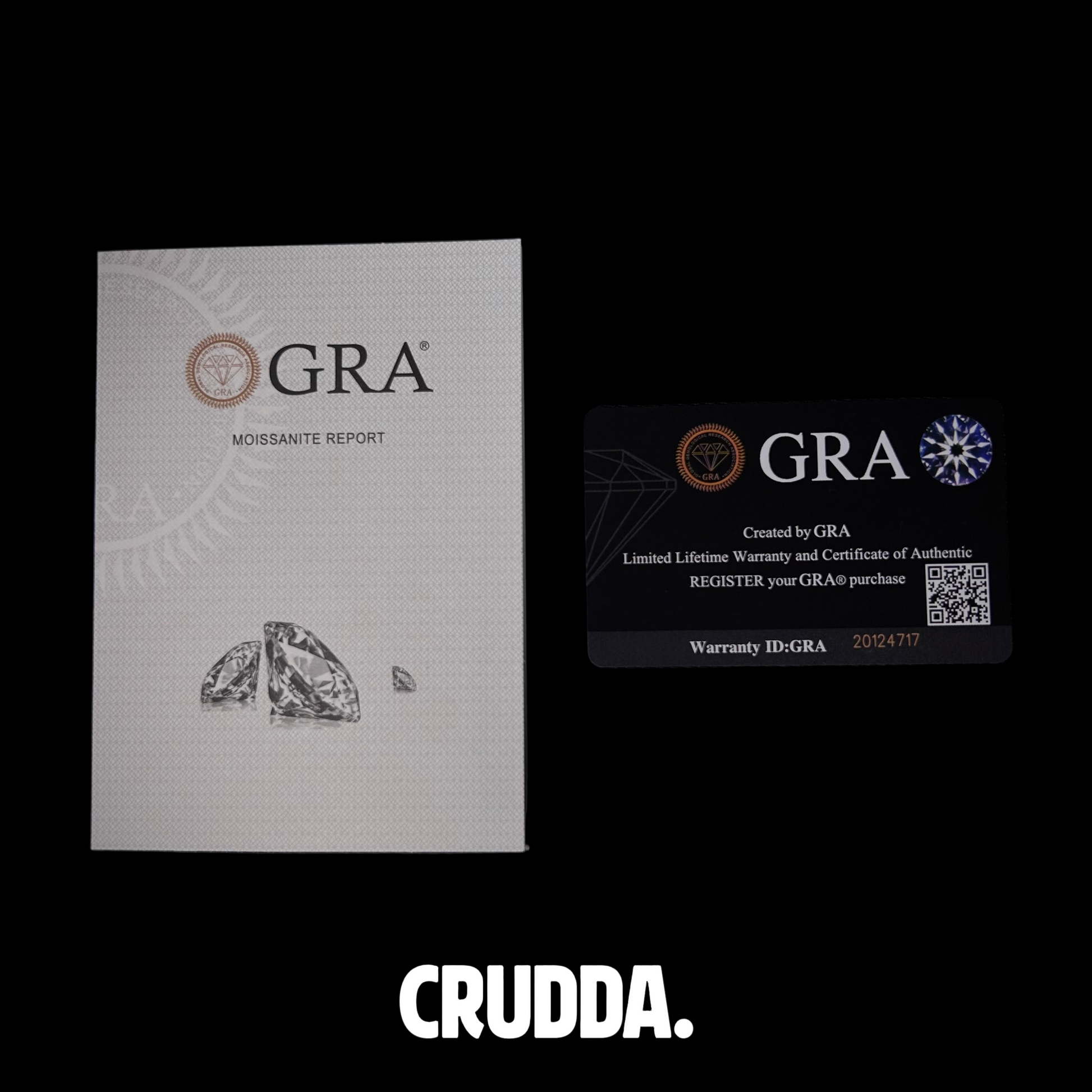 GRA diamond report and warranty card on a black background with 'CRUDDA.' branding.