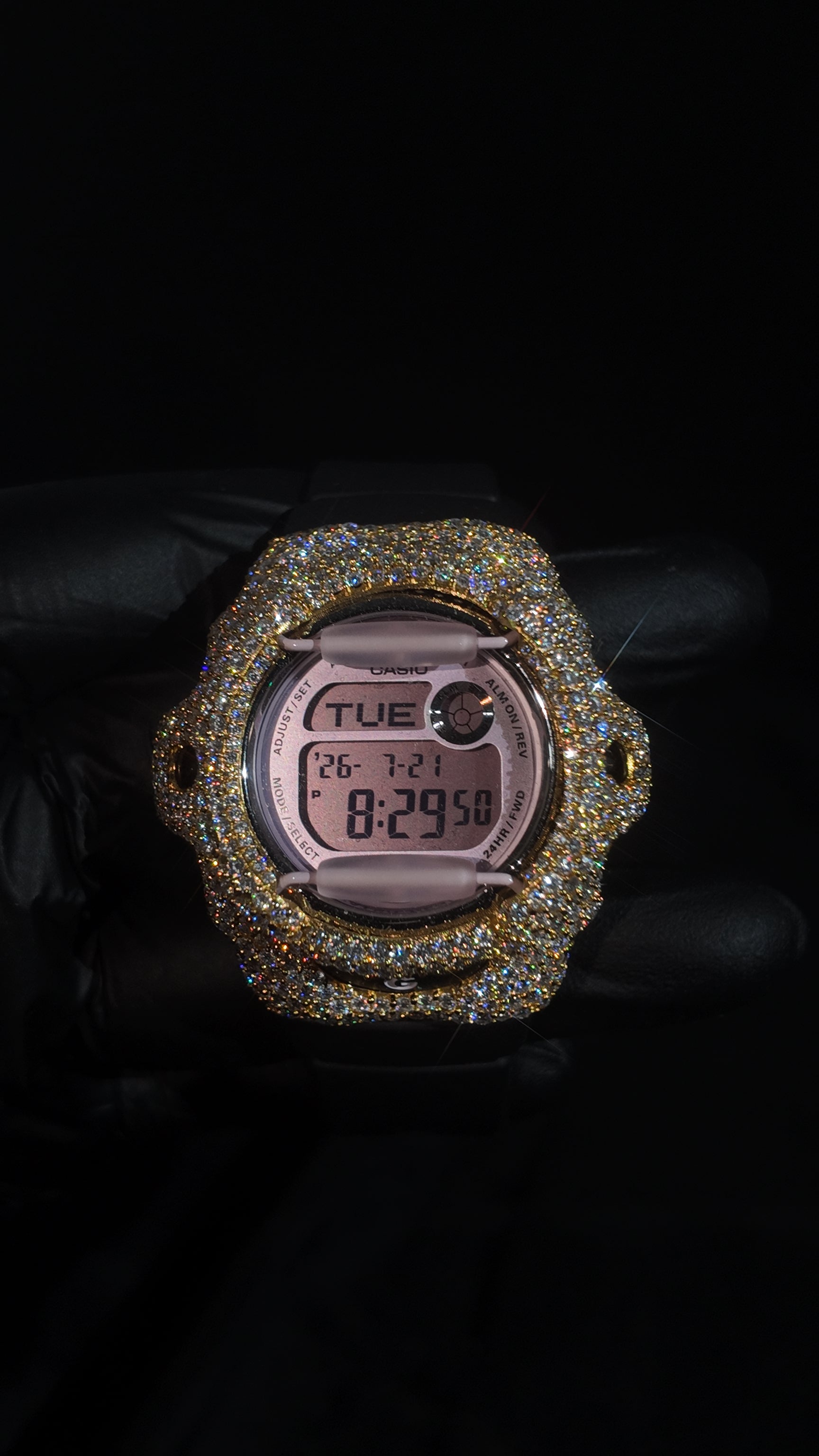 Pink/Black Yellow Gold Iced Out Baby G Watch