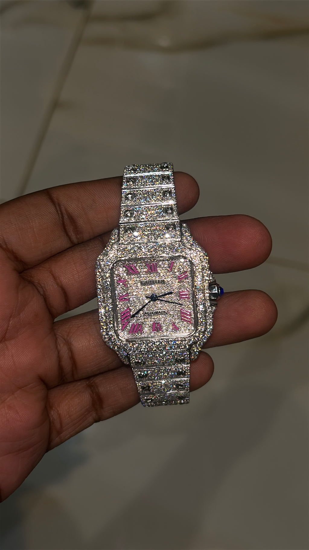 36MM CS Pink Dial Fully Iced Out Watch