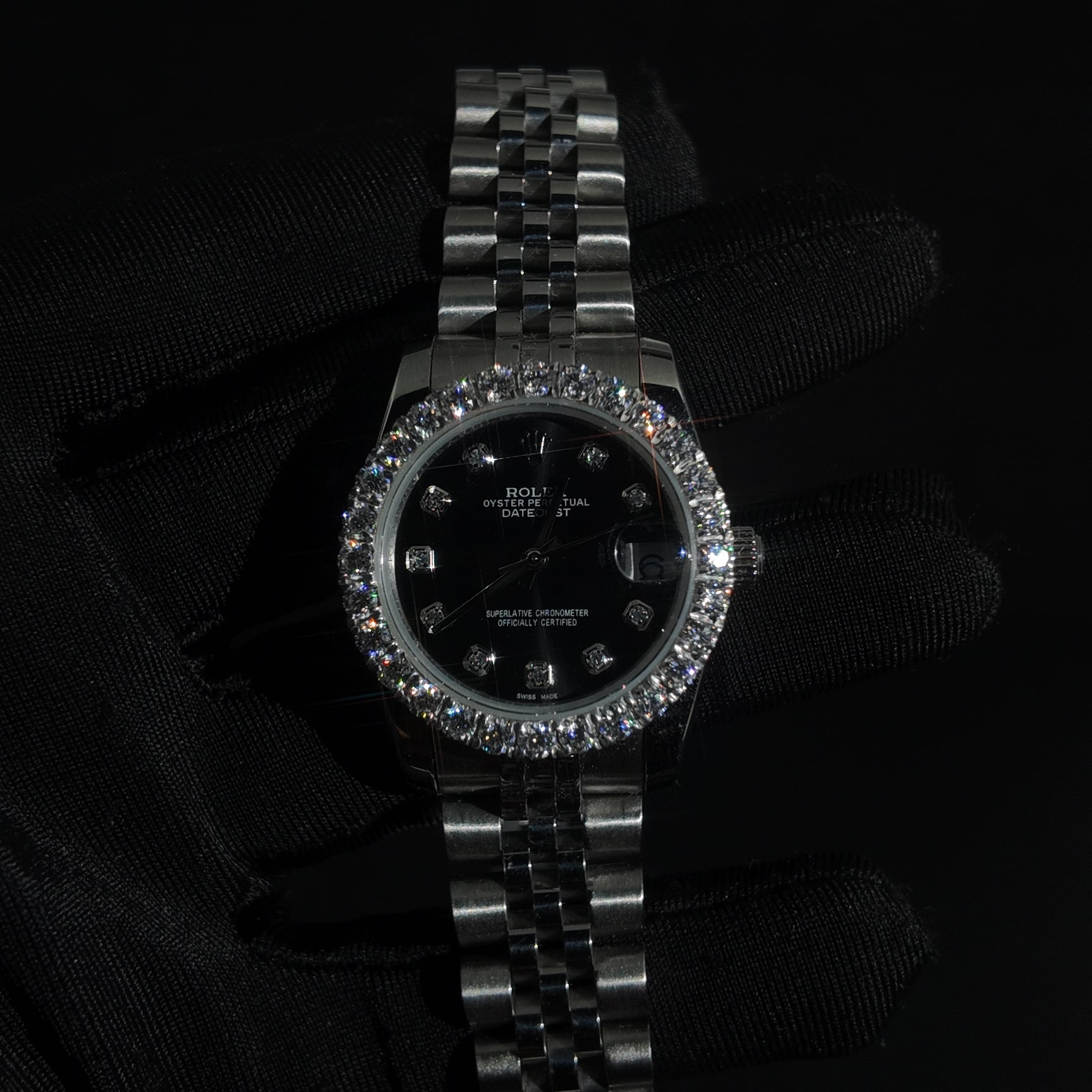 RDJ 31MM Black Dial Iced Out Bezel Watch