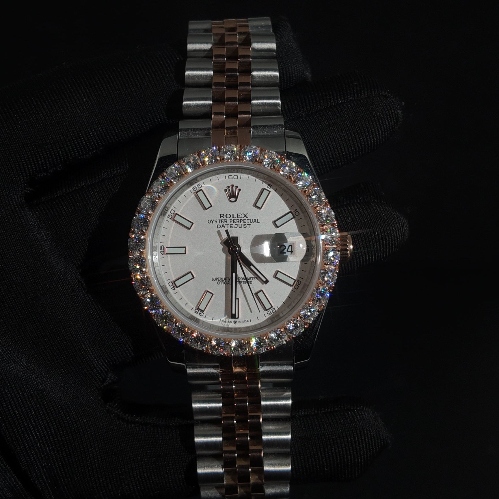 RDJ 41MM Two Tone Rose Iced Out Bezel Watch