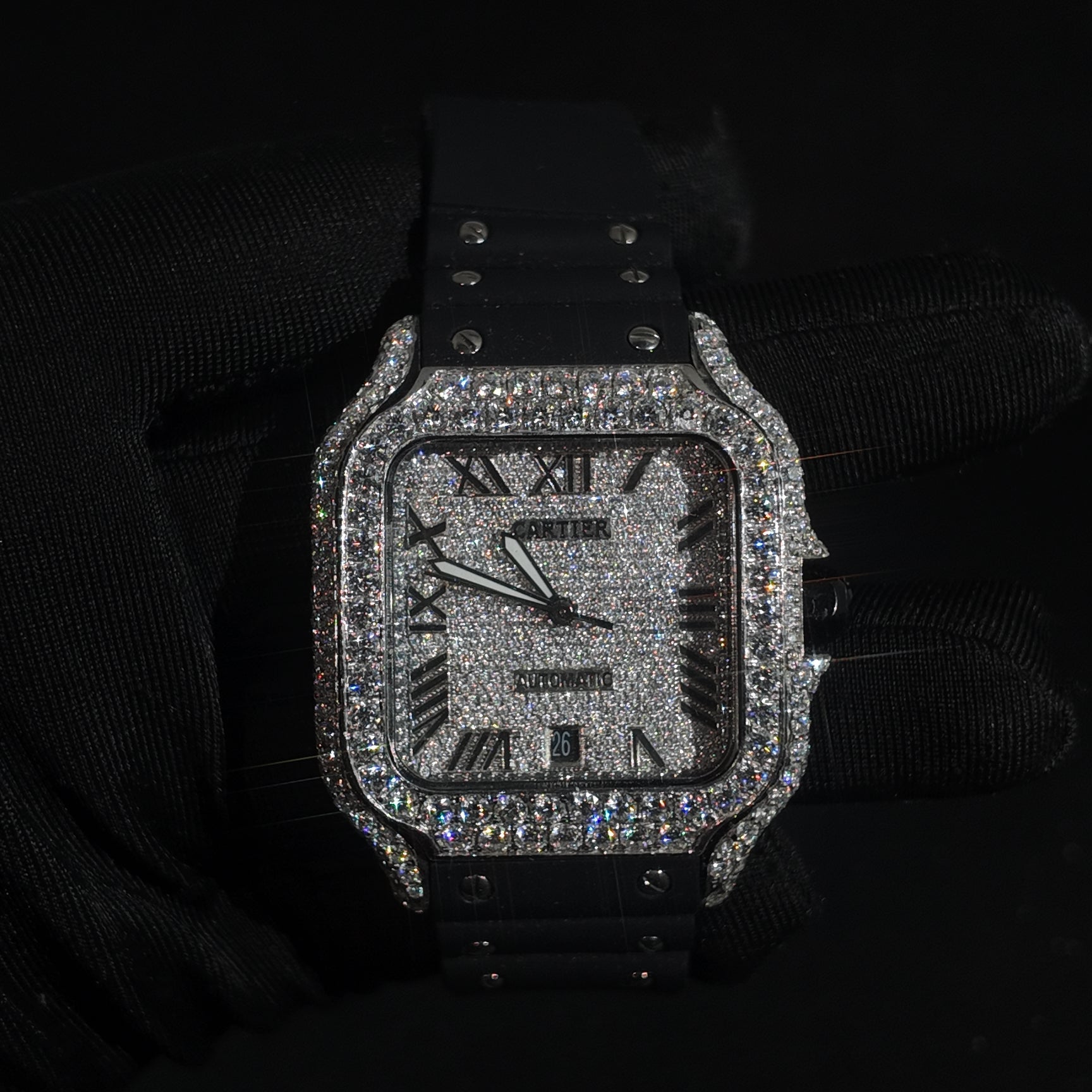 CS 40MM Iced Out Roman Dial W/ Black Silicone Watch