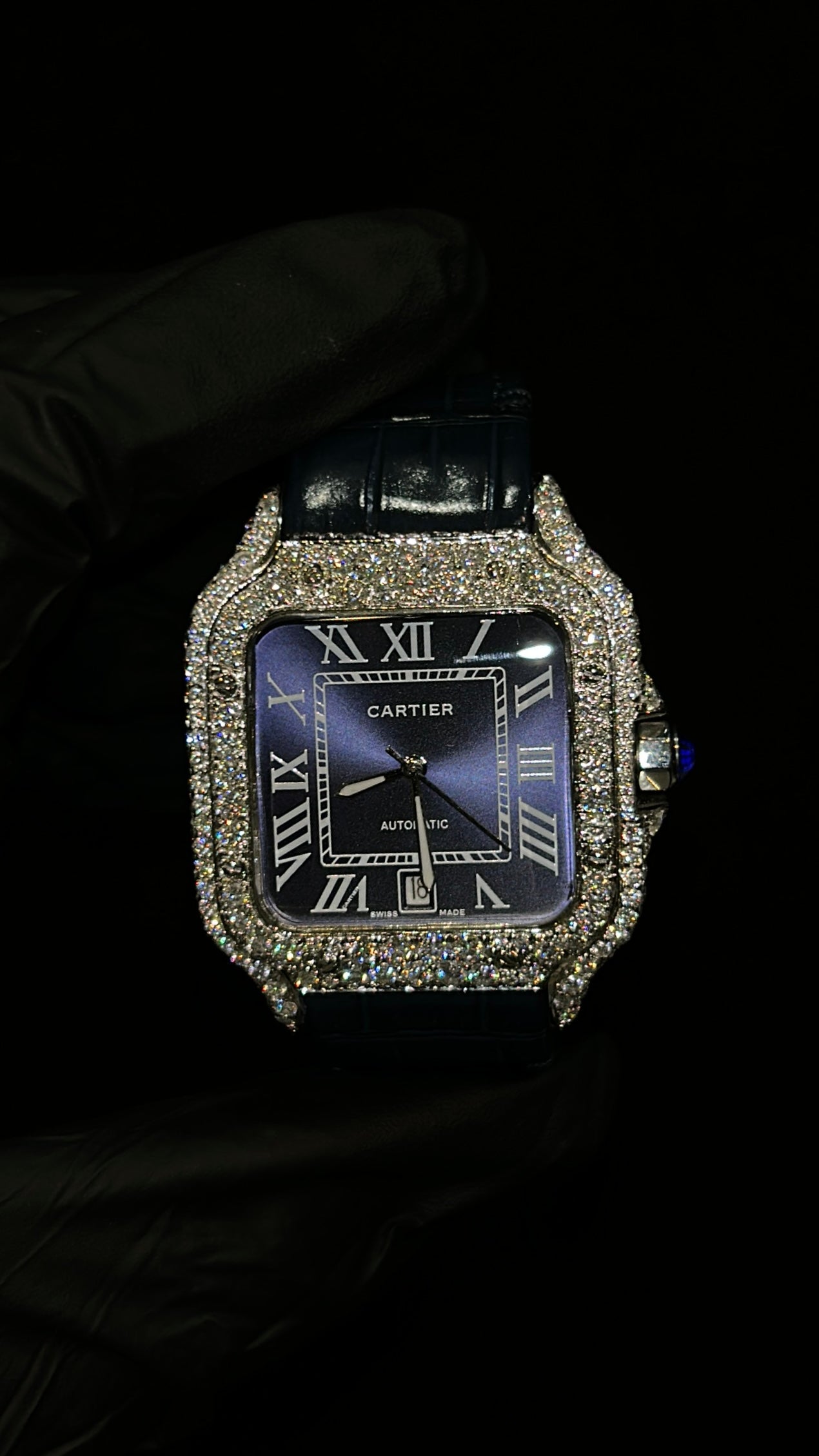CS Iced Out Watch W/  Blue Leather Strap